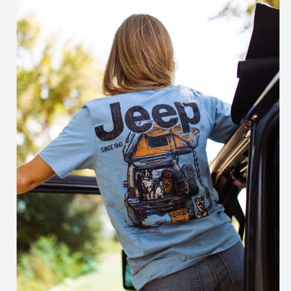 Jeep Muttin Around Jedco Graphic T-Shirt Blue‎ Dogs Camping Unisex Men Sz Medium